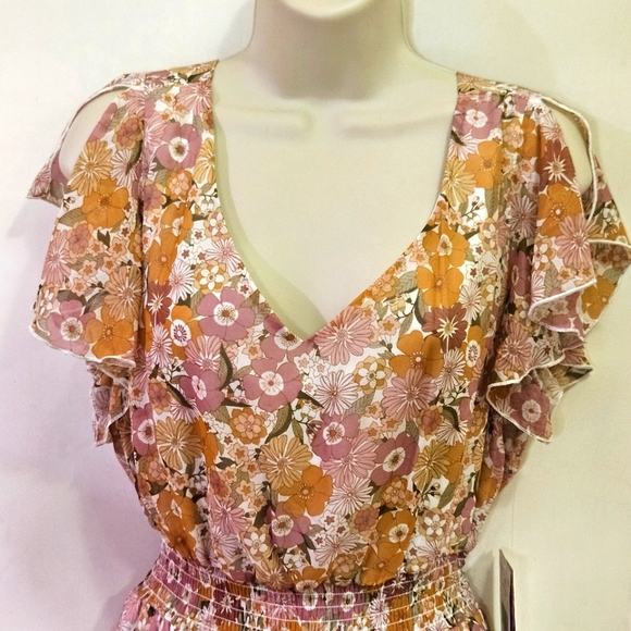 Emerald Sundae Blush Pink/Gold Floral Back Tie Cut-Out Mini Dress,Large,NWT - Picture 6 of 16